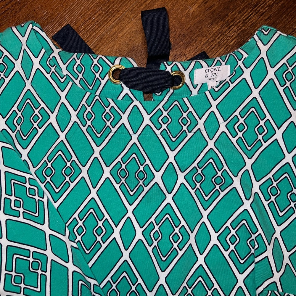 NWT Crown & Ivy Green & White Boho Preppy Wide Sleeve Midi Sheath Dress Size 1X - Picture 7 of 15